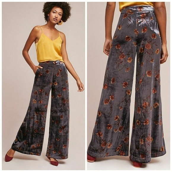 Anthropologie Ettika Jessie Velvet Wide Leg Retro Floral Pimp Boho 80s Pants XS